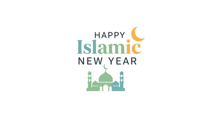 Happy Islamic New Year Greeting Card with Mosque Silhouette and Crescent Moon © Azrha