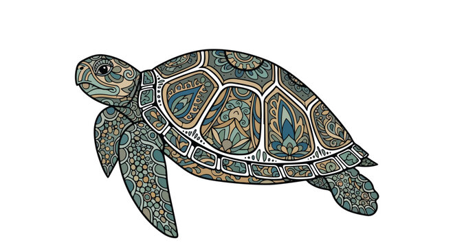 Colorful, ornate sea turtle, decorative turtle illustration, blue and gold patterns, vector animal design
