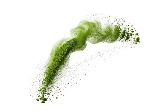 Vibrant emerald green matcha tea powder exploding outwards in a dynamic cloud, scattering granules against a transparent background with copy space, high-speed macro, concept for health product
