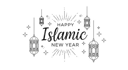 Fototapeta premium Happy Islamic New Year greeting with lanterns and stars, black and white design