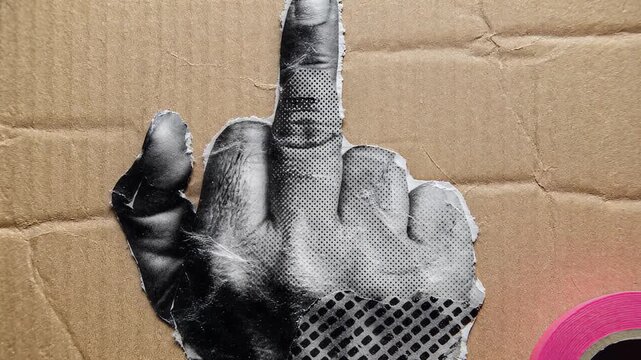 Offensive Middle Finger Hand Gesture Torn Paper Collage on Brown Corrugated Cardboard Background