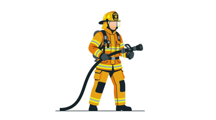 Fototapeta premium Front view of a brave firefighter in full protective gear and helmet, holding a high-pressure hose nozzle, ready to combat a blaze, depicted in a clean vector art style.