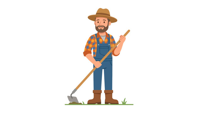 Bearded farmer wearing overalls and straw hat, diligently hoeing the soil in a stylized, flat graphic art style on a clean white background.