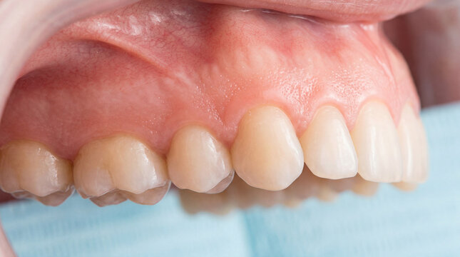 Macro View of Healthy Human Teeth and Pink Gums During Medical Oral Checkup and Dental Procedures