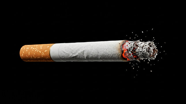 Burning Cigarette with Glowing Ember and Flying Ash Isolated on Black Background for Health Concept