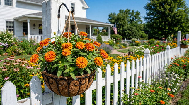 Vibrant Orange Zinnia Flowers in Hanging Basket on White Picket Fence by Country Farmhouse Garden
