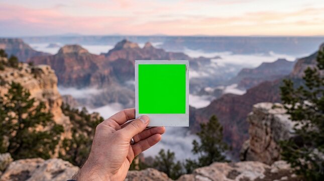 Hand holding instant film frame with green screen mockup over beautiful grand canyon valley mist