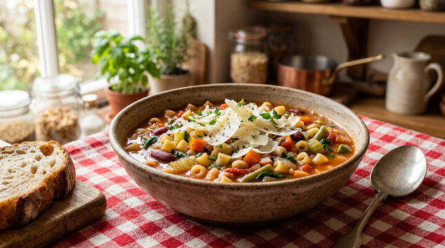 Hearty Italian Minestrone Soup with Parmesan Cheese and Rustic Bread on Red Checkered Tablecloth