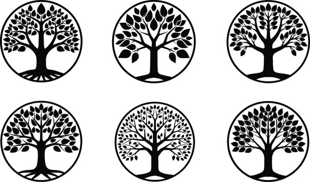Collection of circular tree silhouettes