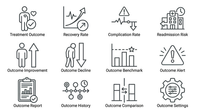 A set of 10 minimalist line icons depicting various medical and healthcare related concepts, including treatment outcomes, recovery rates, and complication risks.