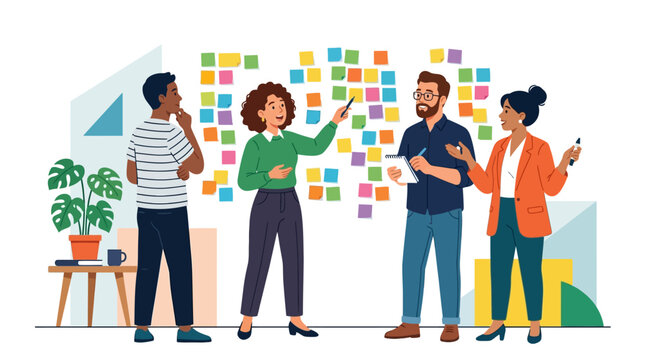 Diverse group of people collaborating, brainstorming with colorful sticky notes on a wall in a modern office, minimalist cartoon style, teamwork concept