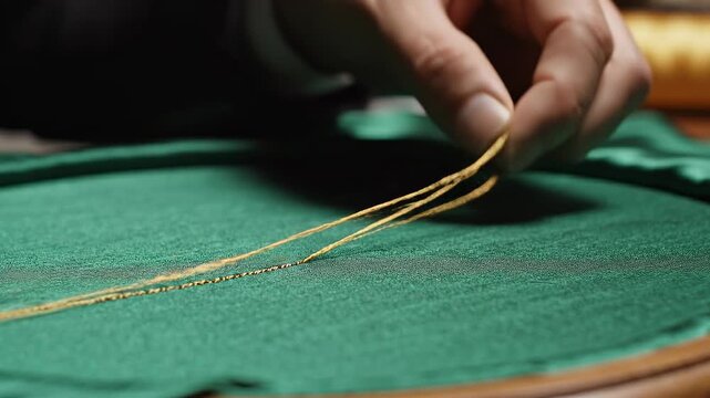 Close-up of hand sewing green fabric.
