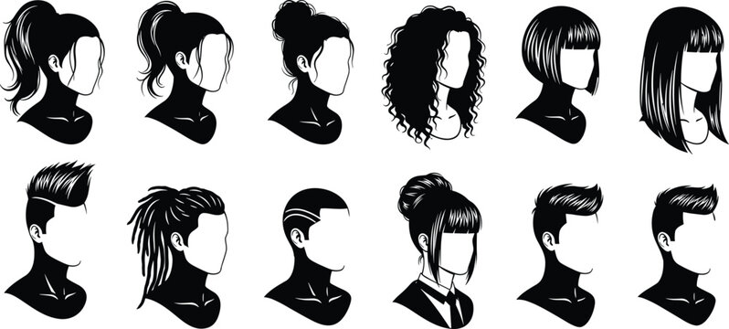 Flat vector illustration, hairstyle silhouettes comparison, ponytail bun curly straight bangs undercut slicked back tied hair icons design