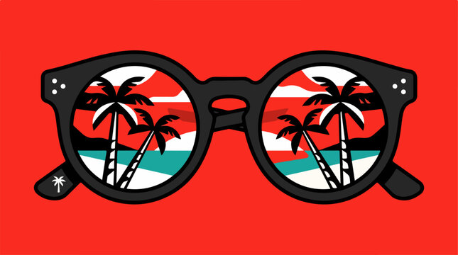 Glasses with palm tree reflection.