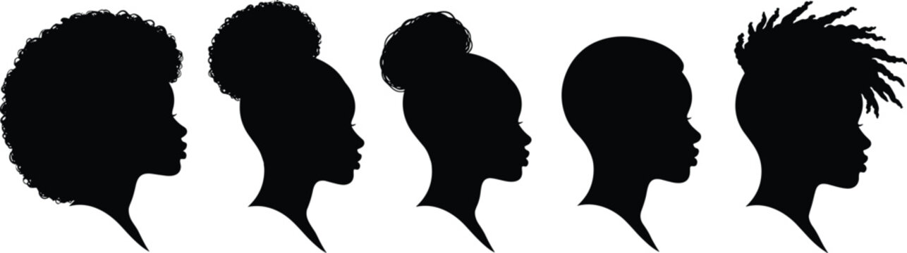 Diverse hairstyle silhouette illustration, afro, puff bun, high bun, cropped hair, dreadlocks, cultural diversity, fashion, identity, beauty, vector art