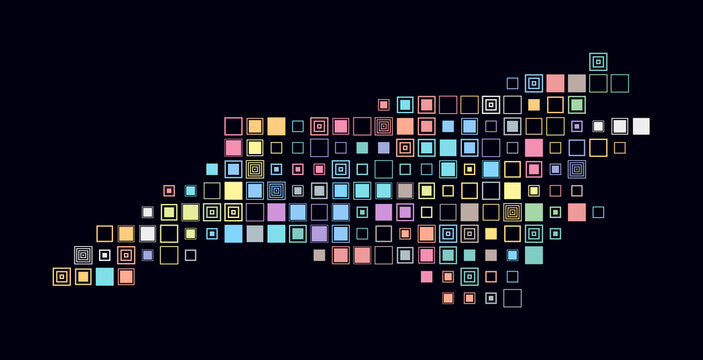 North Carolina, shape of the state build of colored cells. Digital style map of the North Carolina on dark background. Large size square blocks. Stylish vector illustration.