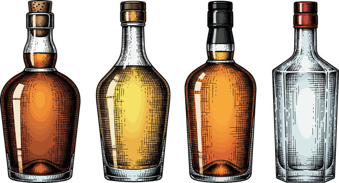 
Whiskey and Spirits Glass Bottles Collection Colored and Outline Engraving Style Alcohol Drink Set Vector Illustration