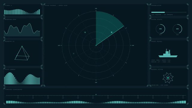 Futuristic naval radar HUD interface with cargo ship tracking system monitoring and data panels