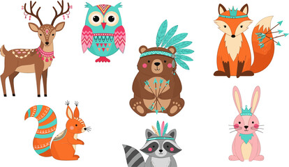 Naklejka premium Cute Woodland Animal Character Set with Deer Owl Bear Fox Rabbit Squirrel and Raccoon Collection
