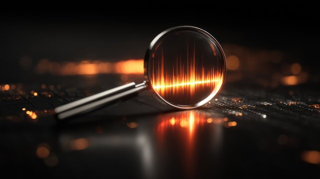 Magnifying glass revealing sound wave analysis on dark background