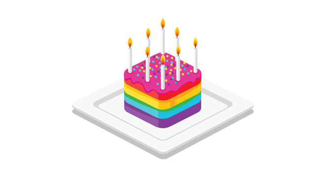 A vibrant isometric rainbow layered square cake sits meticulously on a pristine white square plate with seven glowing candles under bright studio light.