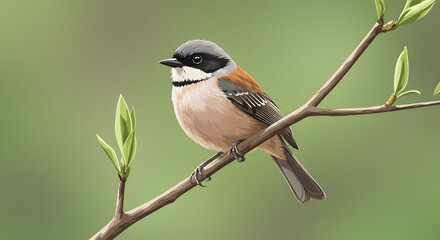 Obraz premium Bird on a Branch: A detailed illustration captures a vibrant bird perched on a delicate branch, set against a soft blurred background.