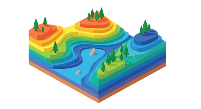 A vibrant isometric landscape block displays a spectrum of rainbow-colored elevation layers surrounding a winding blue river and scattered green pine trees.