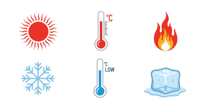 Comprehensive set of temperature icons featuring a vibrant red sun and fire alongside a blue snowflake and melting ice cube for weather forecasting.