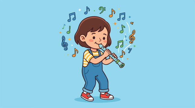 Little girl playing a blue flute.