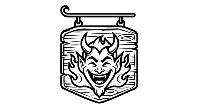 Black and white illustration of a grinning devil's head on a wooden sign