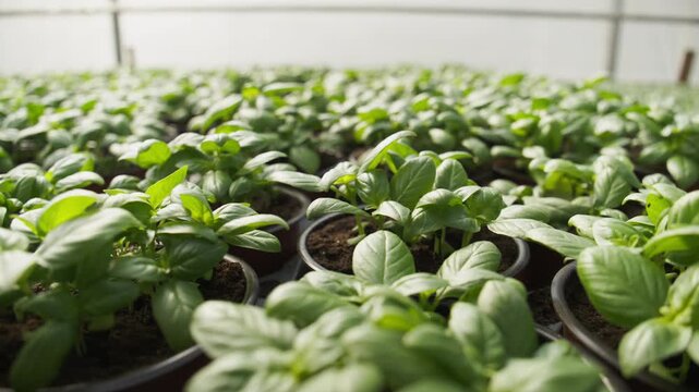 Fresh Green Basil Plants Growing in Pots Inside a Commercial Greenhouse