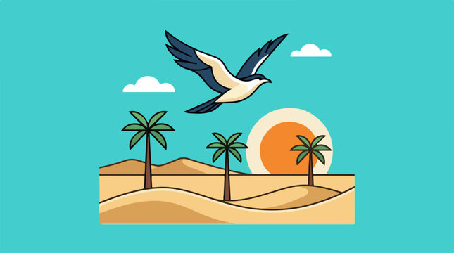 Seagull flying over sandy beach.