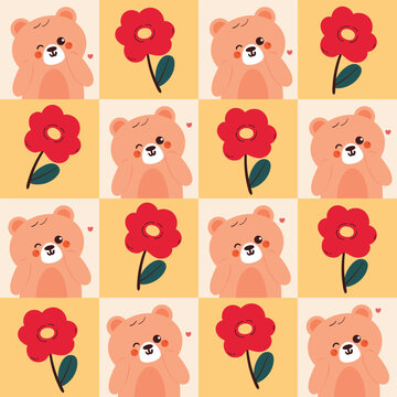 cute patchwork pattern with hand drawn cartoon bear and flower
