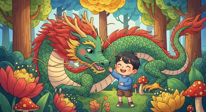 A young boy joyfully interacts with a friendly green dragon amidst a vibrant, magical forest filled with colorful flowers and whimsical mushrooms, creating a scene of wonder and fantasy