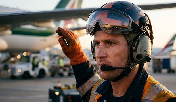 Detailed shot capturing communication and concentration during aircraft guidance.