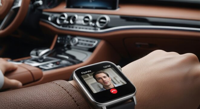 Businessman making video call on smartwatch while sitting in luxury car interior
