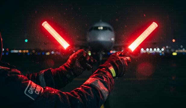 Dramatic lighting highlights precision and control in low-light airport conditions.