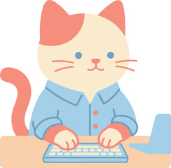 Fototapeta premium Cute Siamese Cat Developer Character Using Laptop, Kawaii Kitten Working at Desk Illustration 