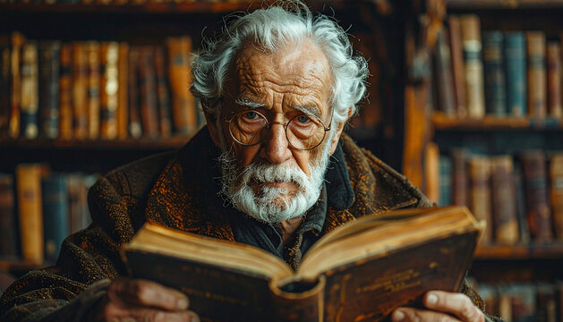 A wise elderly man with a long white beard and glasses deeply focused on reading an old book in a serene library, symbolizing contemplation and a lifetime of knowledge