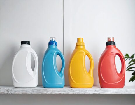 Four colorful plastic laundry detergent bottles on a white shelf