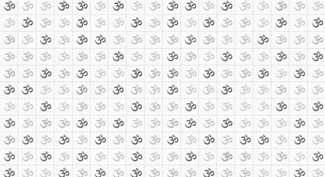 Seamless pattern featuring repeating Om symbols in grey tones.