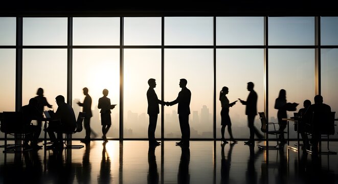 Silhouettes of business people shaking hands and networking in a modern office with a city skyline view at sunset.