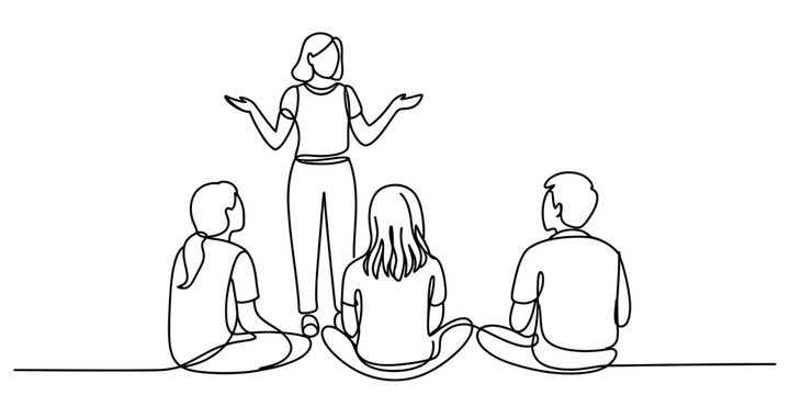 A single line drawing of a woman standing and presenting to a small group of people sitting down isolated on white background, Vector, illustration
