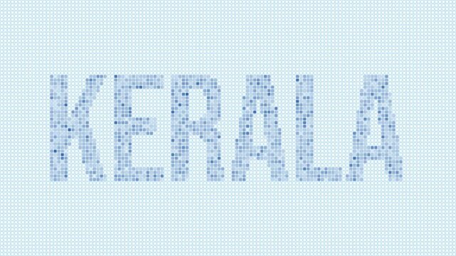 Kerala, India dotted map animation. Digital style shape of the state. Kerala, India shape and title dots appear with bulb flickering effect. Intro, outro, logo, title video.