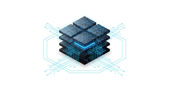 Isometric ai brain machine layered circuit chip stack glowing neural network processor core illuminated electronic architecture