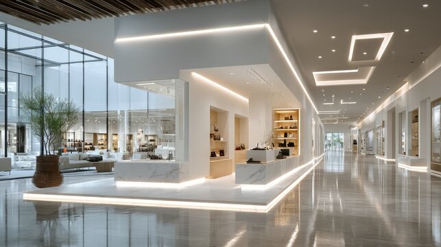 Modern luxury retail store interior featuring minimalist white marble architecture with sleek recessed led strip lighting in a spacious upscale shopping mall hallway