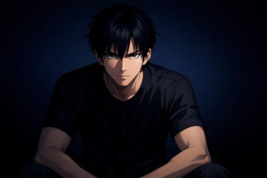 Intense anime man in black t-shirt sitting with a determined gaze. Professional manga illustration of a strong male protagonist in low-key lighting. Dark, cinematic character concept art.