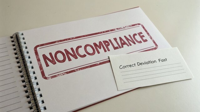 Noncompliance Document with Note Card for Correcting Deviations in Business Practices and Compliance Procedures