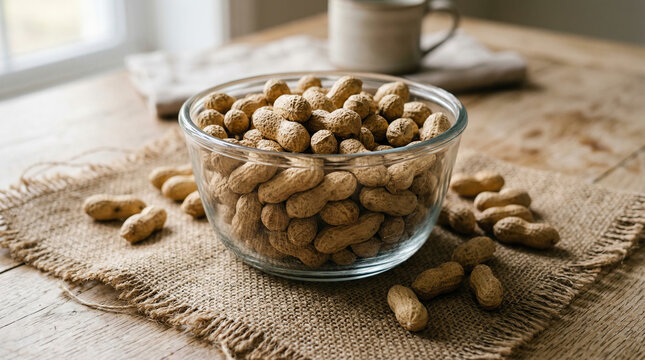 Bowl of unshelled peanuts on rustic wooden table, natural light