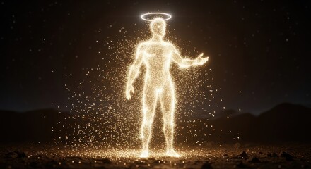 Fototapeta premium Glowing golden humanoid figure with halo in desert at night